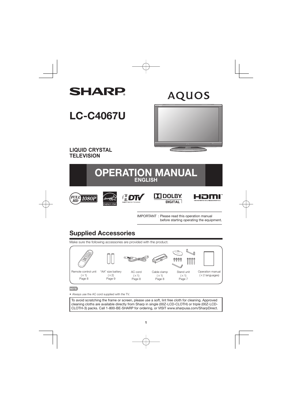 Sharp Aquos LC C4067U User Manual | 32 pages