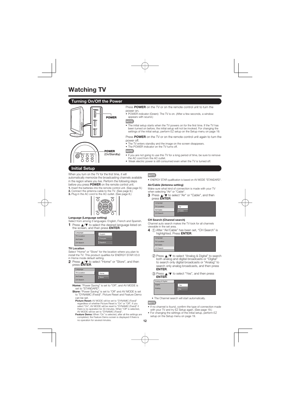 Watching tv, Turning on/off the power, Initial setup | Sharp Aquos LC C4067U User Manual | Page 12 / 32