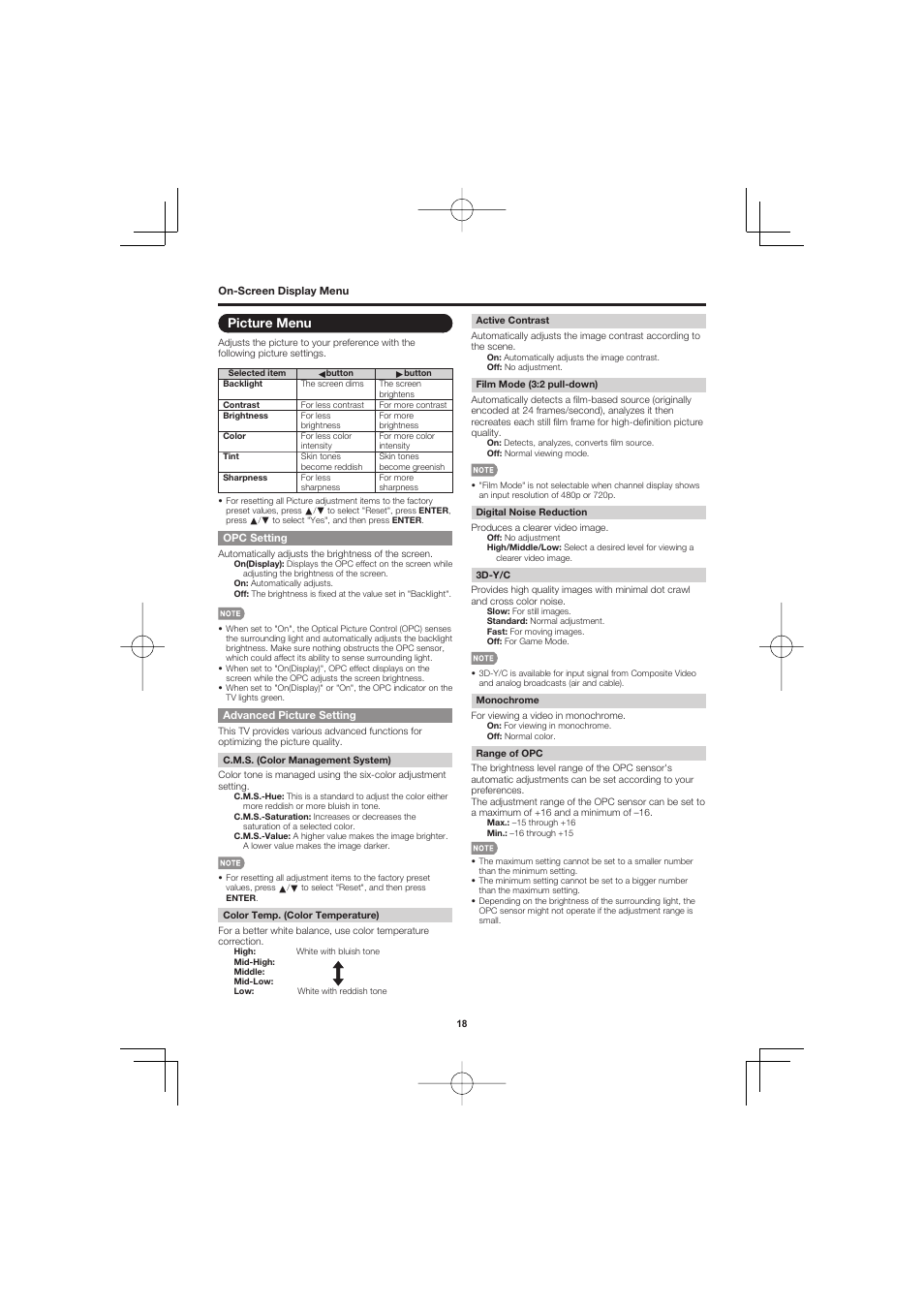 Picture menu | Sharp Aquos LC C4067U User Manual | Page 18 / 32