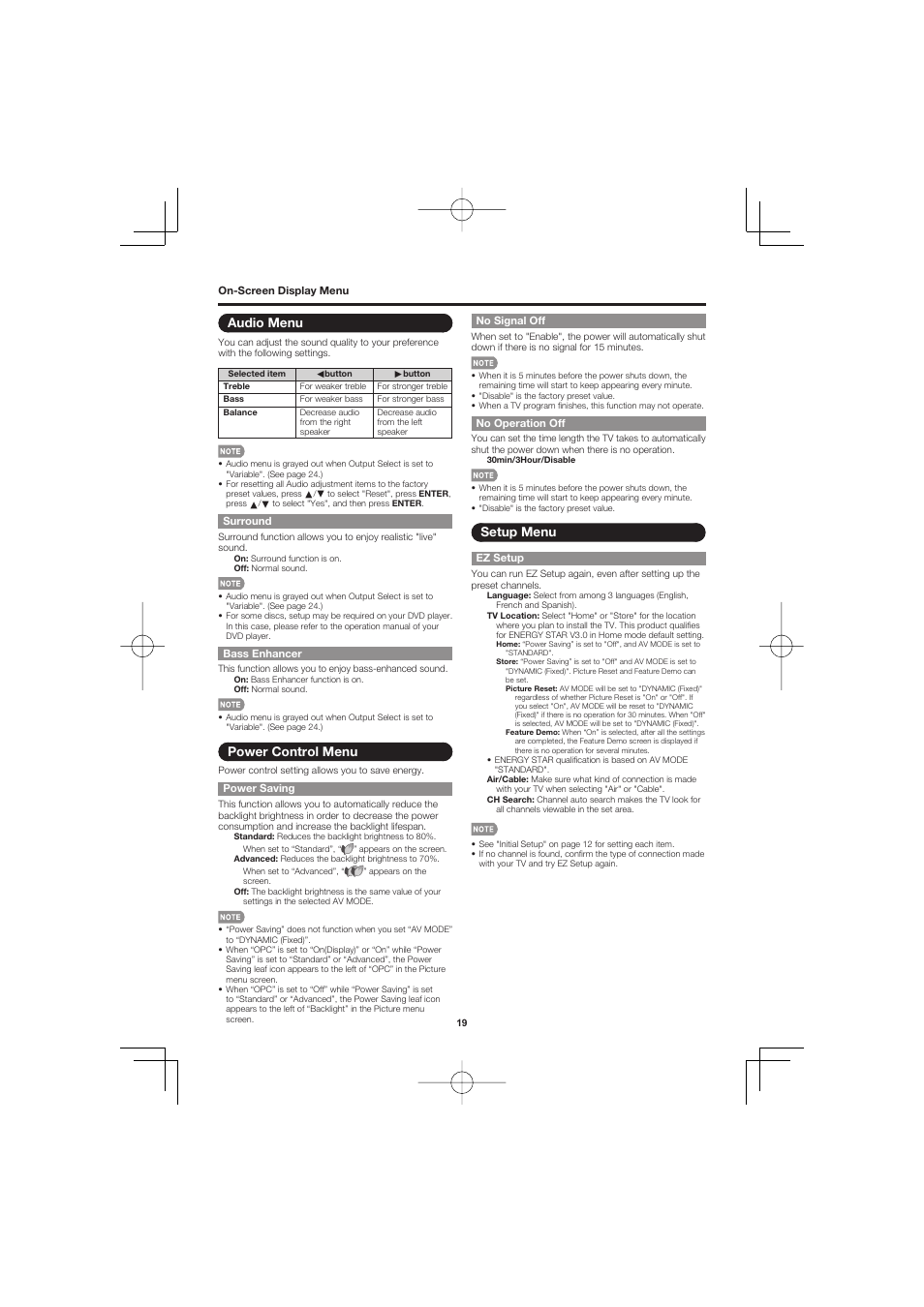 Audio menu, Power control menu, Setup menu | Sharp Aquos LC C4067U User Manual | Page 19 / 32