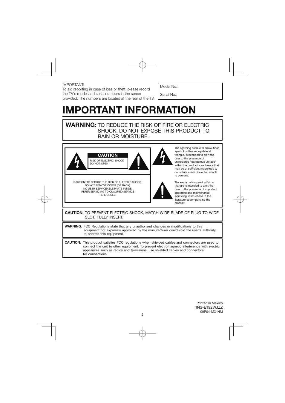 Important information, Warning | Sharp Aquos LC C4067U User Manual | Page 2 / 32