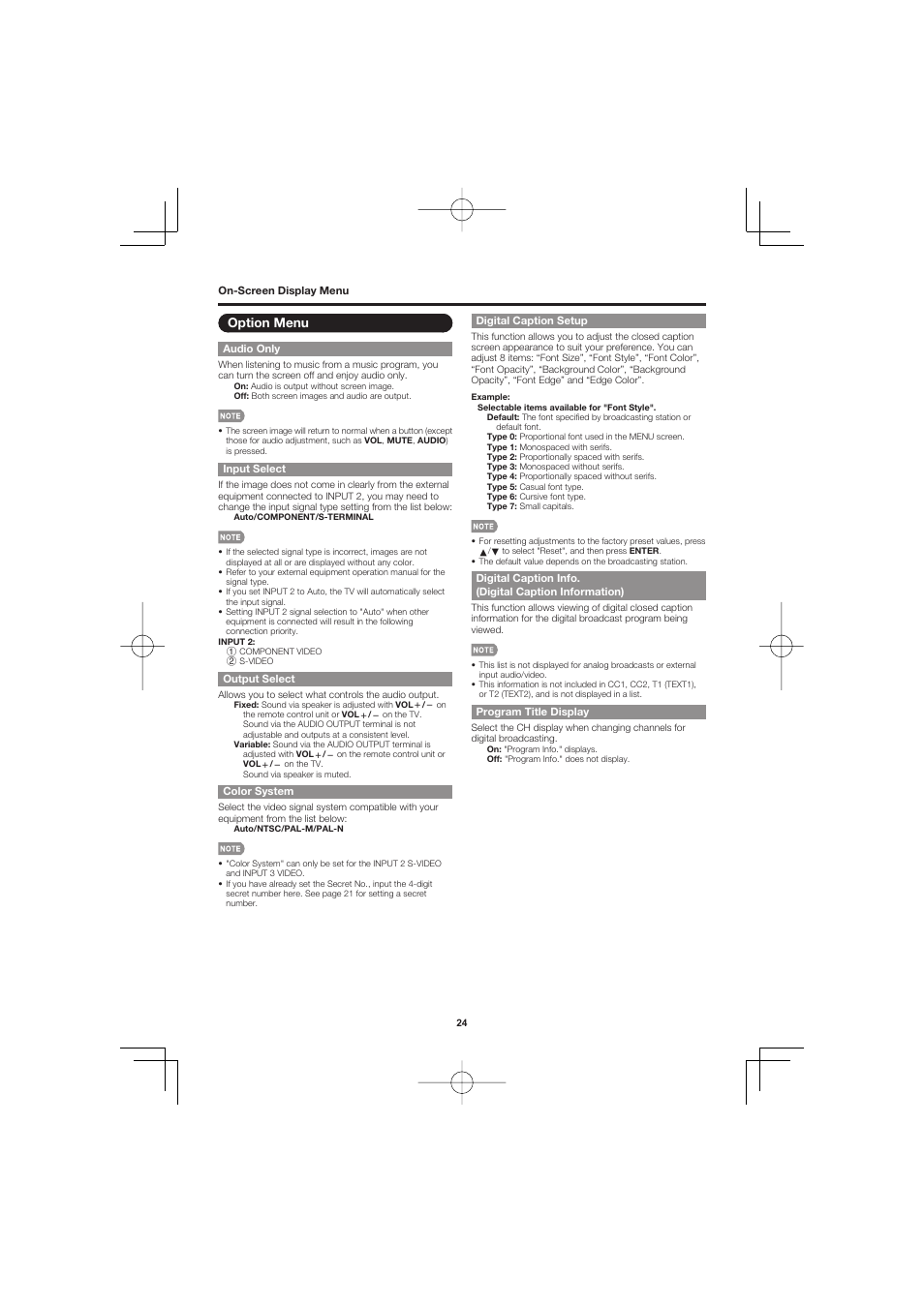 Option menu | Sharp Aquos LC C4067U User Manual | Page 24 / 32