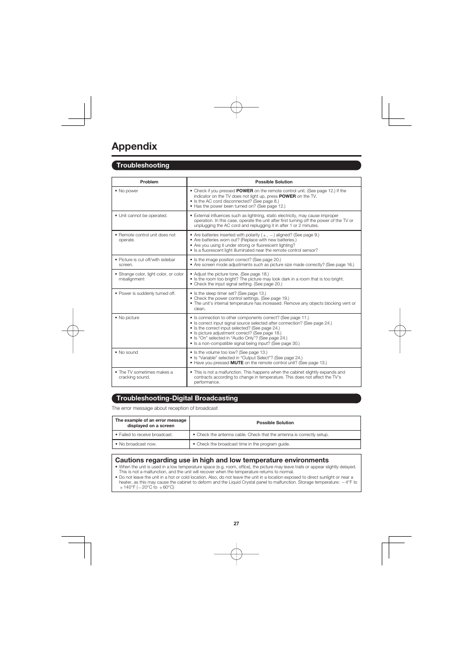 Appendix, Troubleshooting, Troubleshooting-digital broadcasting | Sharp Aquos LC C4067U User Manual | Page 27 / 32