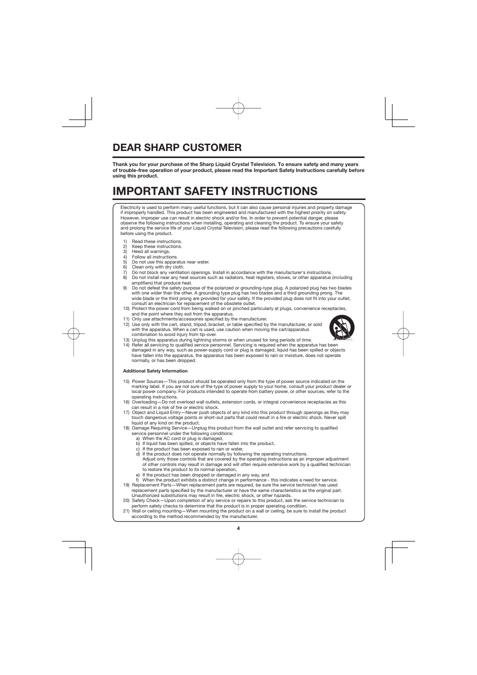 Important safety instructions, Dear sharp customer | Sharp Aquos LC C4067U User Manual | Page 4 / 32