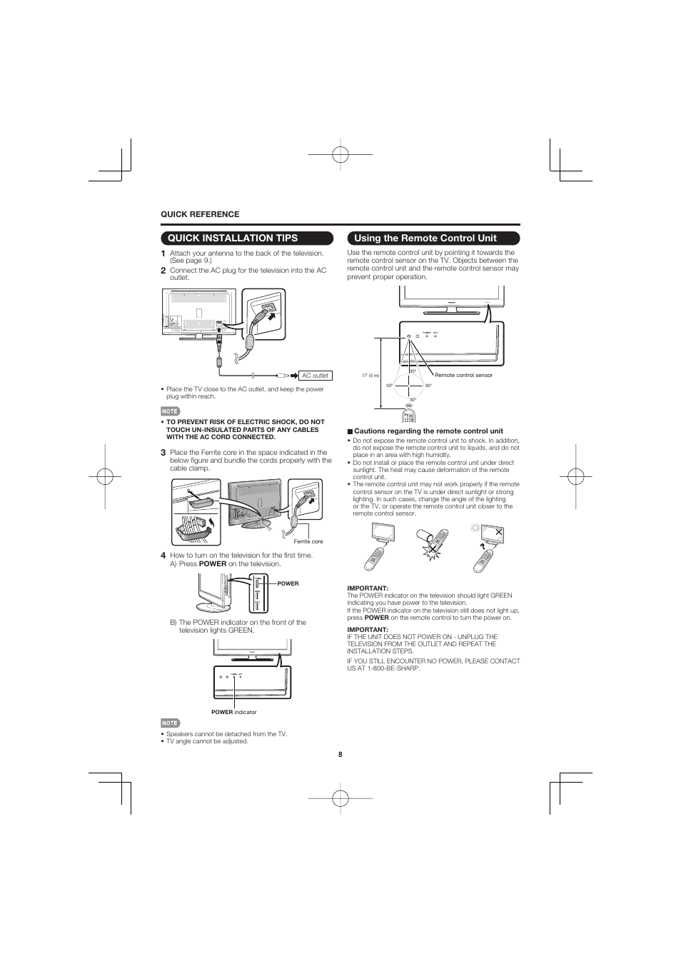 Using the remote control unit, Quick installation tips | Sharp Aquos LC C4067U User Manual | Page 8 / 32