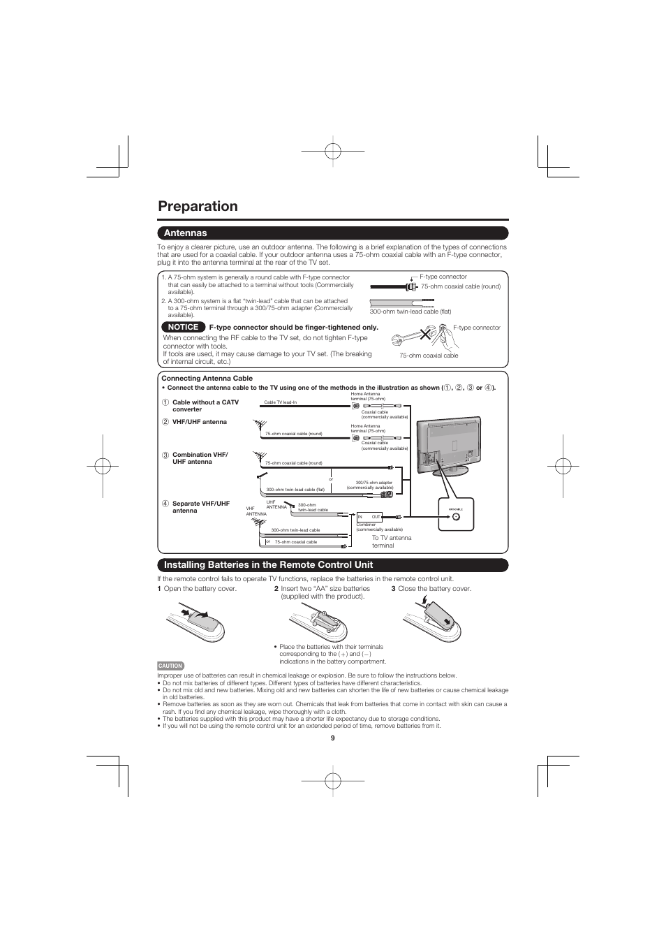 Preparation, Antennas, Installing batteries in the remote control unit | Sharp Aquos LC C4067U User Manual | Page 9 / 32