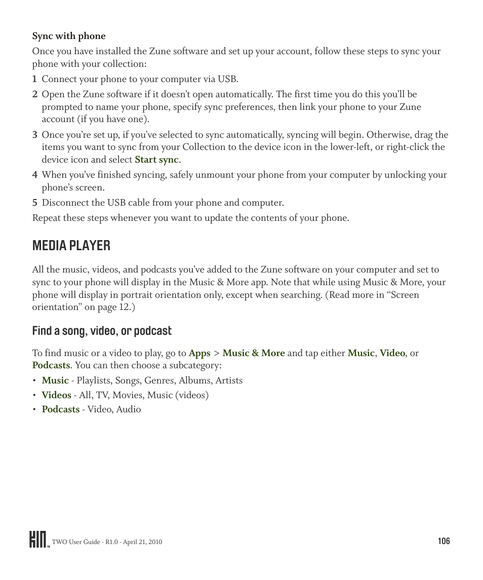 Media player, Find a song, video, or podcast | Sharp KIN Two OMPB20ZU User Manual | Page 106 / 156