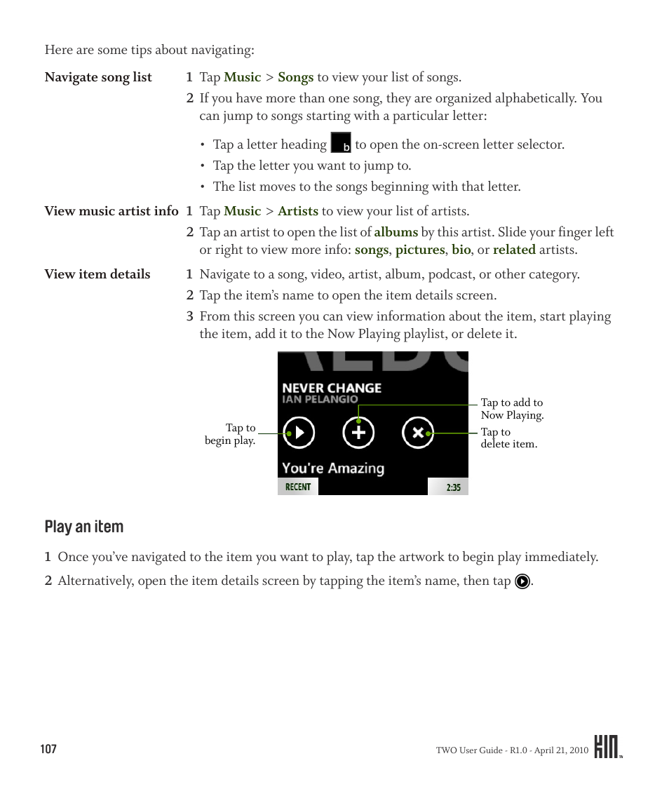 Play an item | Sharp KIN Two OMPB20ZU User Manual | Page 107 / 156