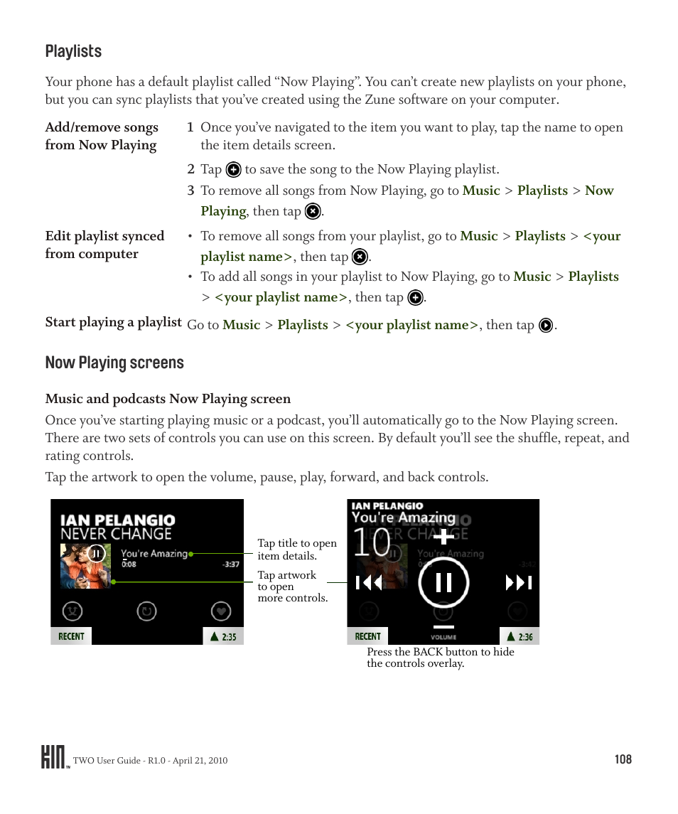 Playlists now playing screens, Playlists, Now playing screens | Sharp KIN Two OMPB20ZU User Manual | Page 108 / 156