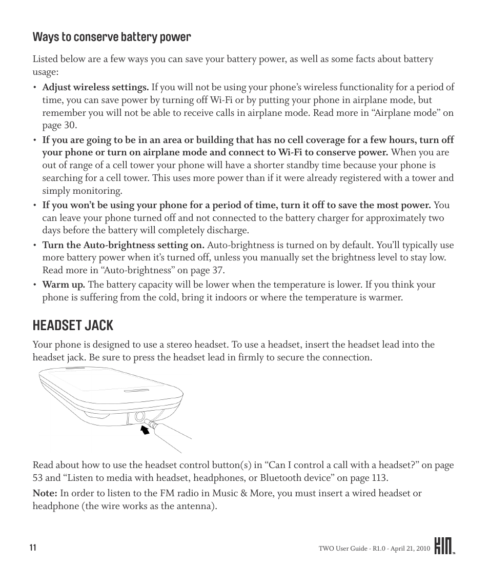 Ways to conserve battery power, Headset jack | Sharp KIN Two OMPB20ZU User Manual | Page 11 / 156