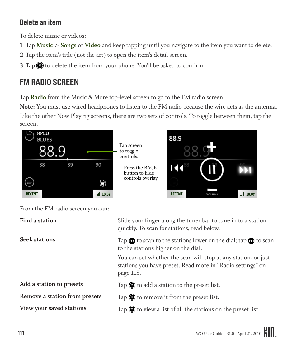 Delete an item, Fm radio screen | Sharp KIN Two OMPB20ZU User Manual | Page 111 / 156