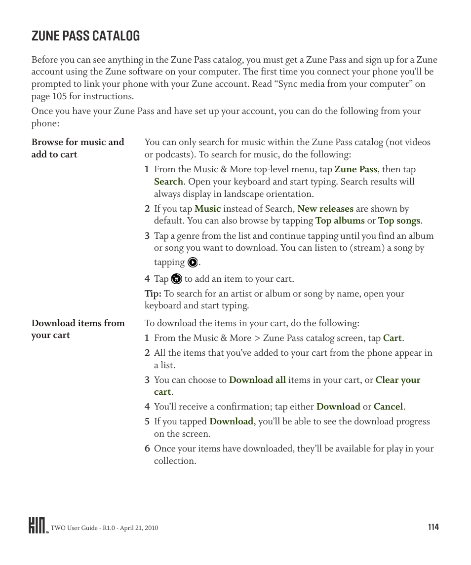 Zune pass catalog | Sharp KIN Two OMPB20ZU User Manual | Page 114 / 156