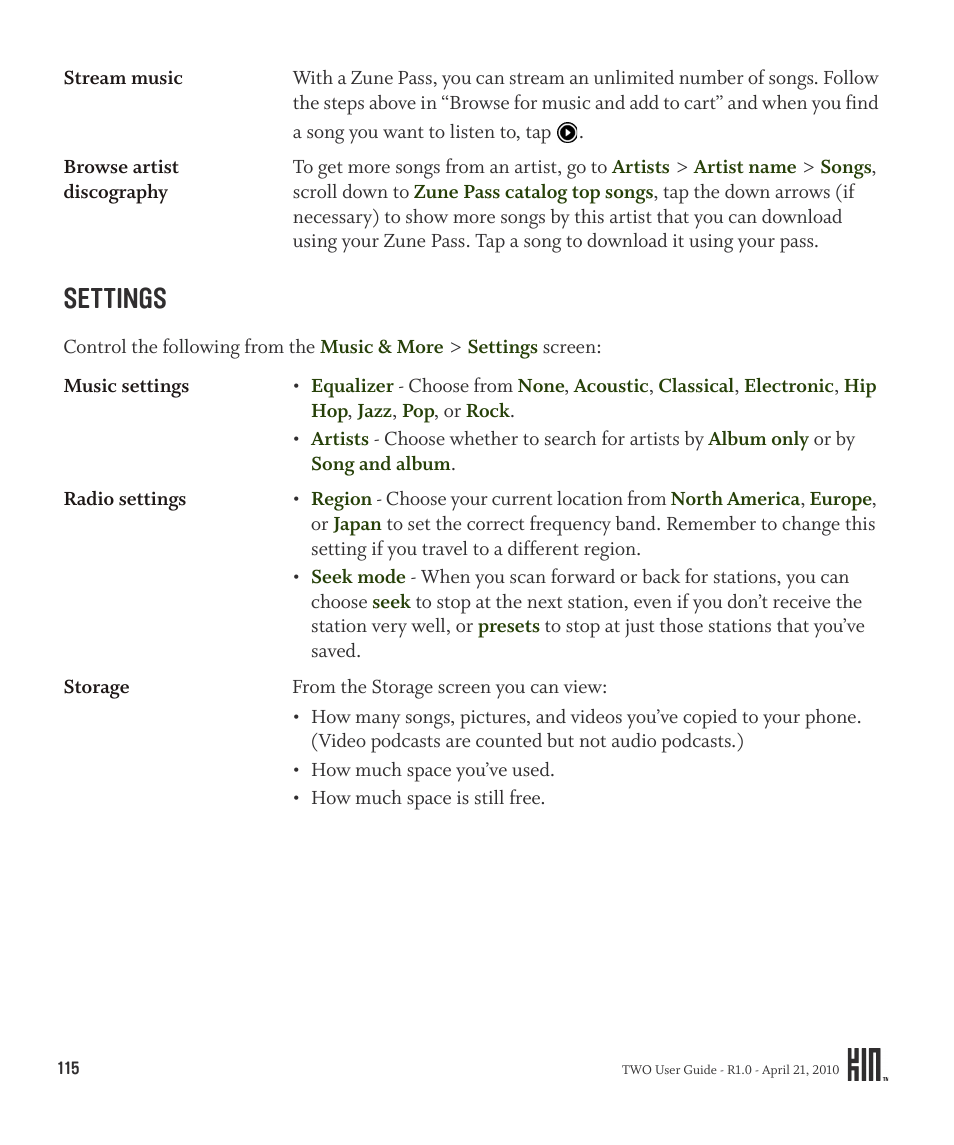 Settings | Sharp KIN Two OMPB20ZU User Manual | Page 115 / 156