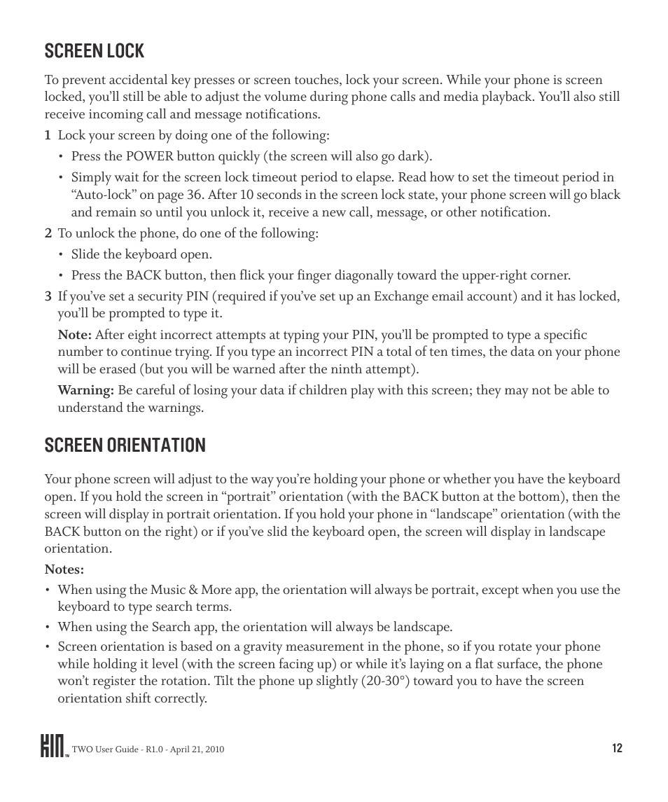 Screen lock screen orientation, Screen lock, Screen orientation | Sharp KIN Two OMPB20ZU User Manual | Page 12 / 156