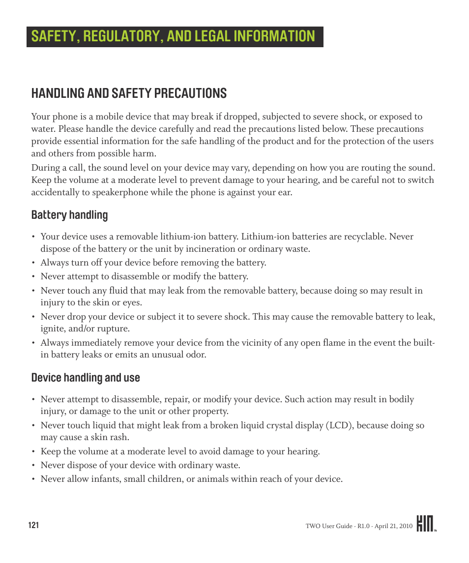 Safety, regulatory, and legal information, Handling and safety precautions, Battery handling device handling and use | Sharp KIN Two OMPB20ZU User Manual | Page 121 / 156