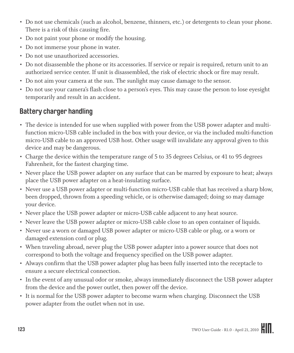 Battery charger handling | Sharp KIN Two OMPB20ZU User Manual | Page 123 / 156
