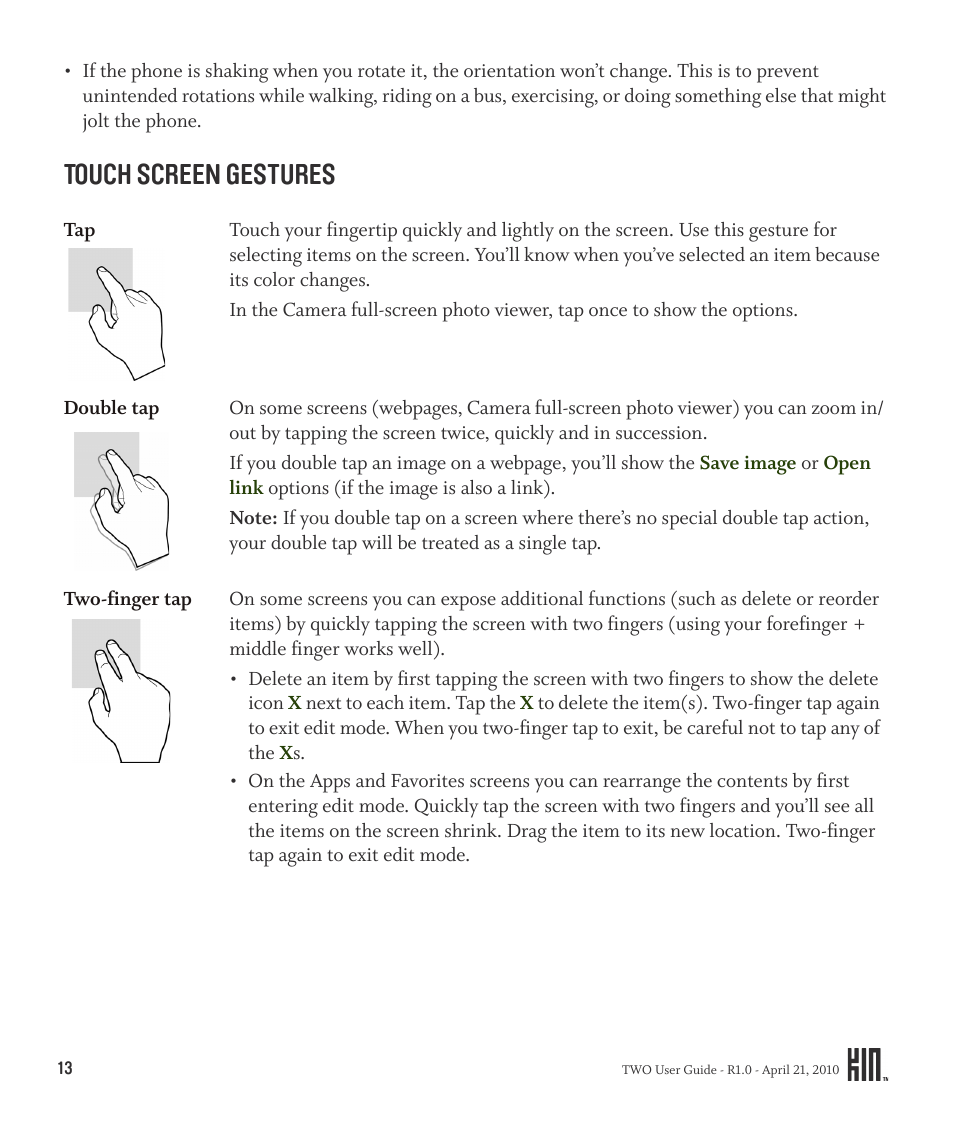 Touch screen gestures | Sharp KIN Two OMPB20ZU User Manual | Page 13 / 156