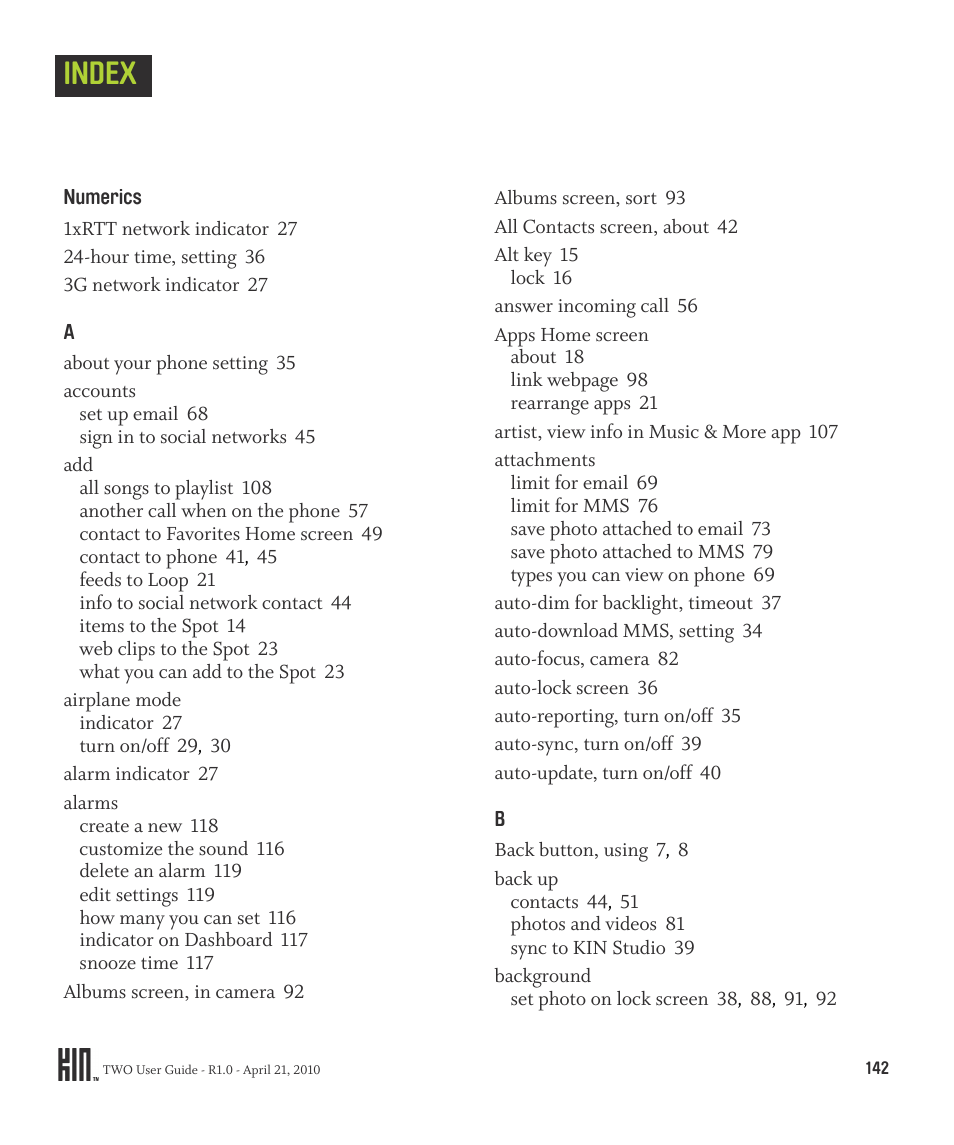 Index | Sharp KIN Two OMPB20ZU User Manual | Page 142 / 156