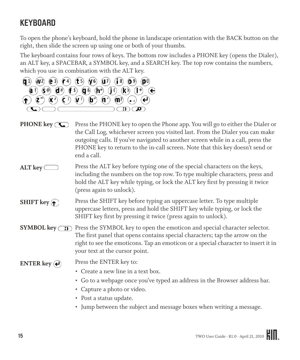 Keyboard | Sharp KIN Two OMPB20ZU User Manual | Page 15 / 156