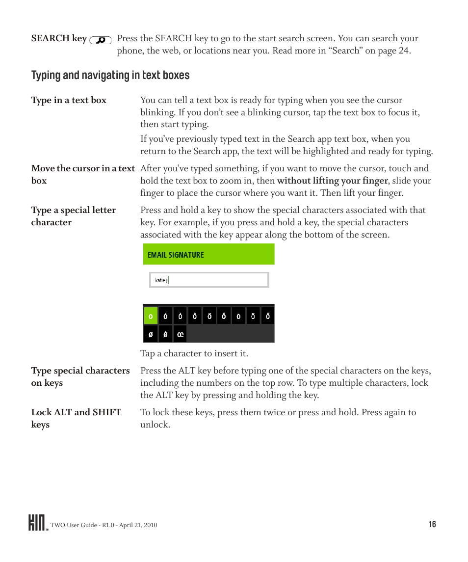 Typing and navigating in text boxes | Sharp KIN Two OMPB20ZU User Manual | Page 16 / 156