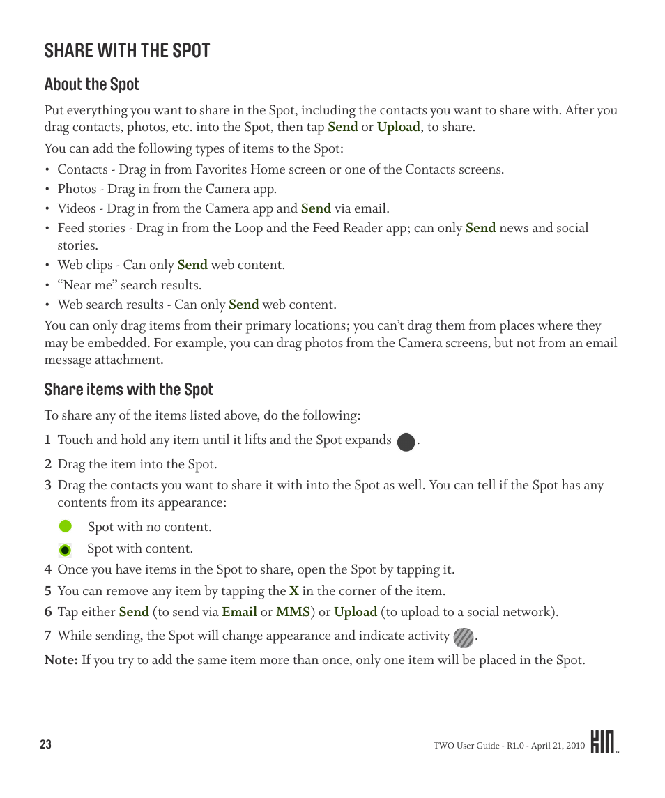 Share with the spot, About the spot share items with the spot | Sharp KIN Two OMPB20ZU User Manual | Page 23 / 156