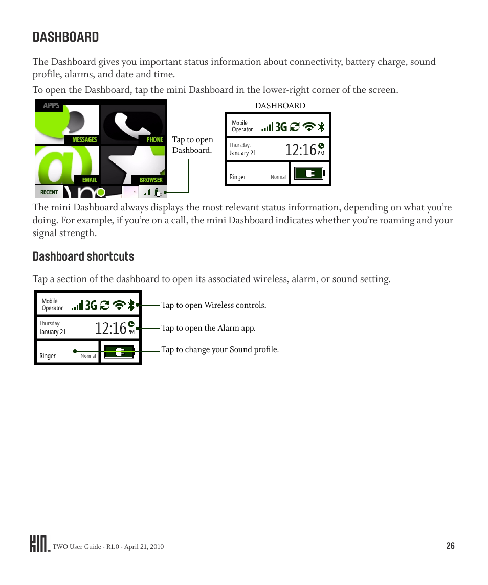 Dashboard, Dashboard shortcuts | Sharp KIN Two OMPB20ZU User Manual | Page 26 / 156