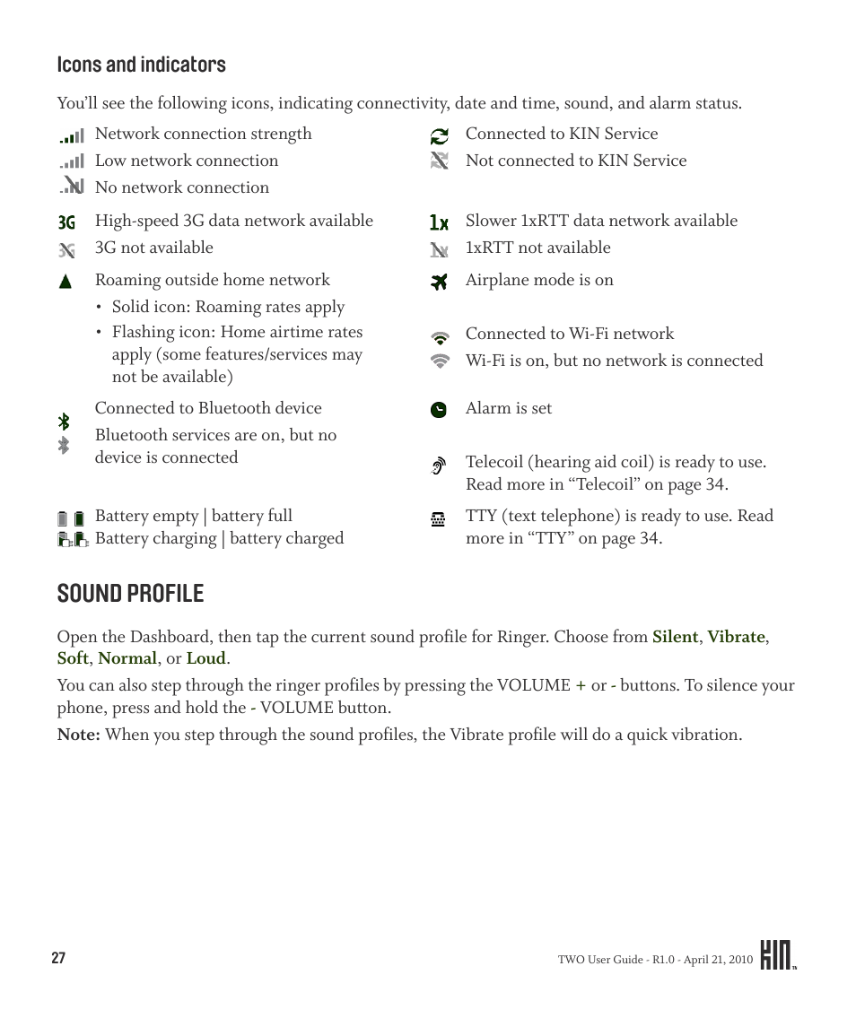 Icons and indicators, Sound profile | Sharp KIN Two OMPB20ZU User Manual | Page 27 / 156