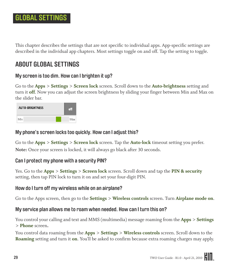 Global settings, About global settings | Sharp KIN Two OMPB20ZU User Manual | Page 29 / 156