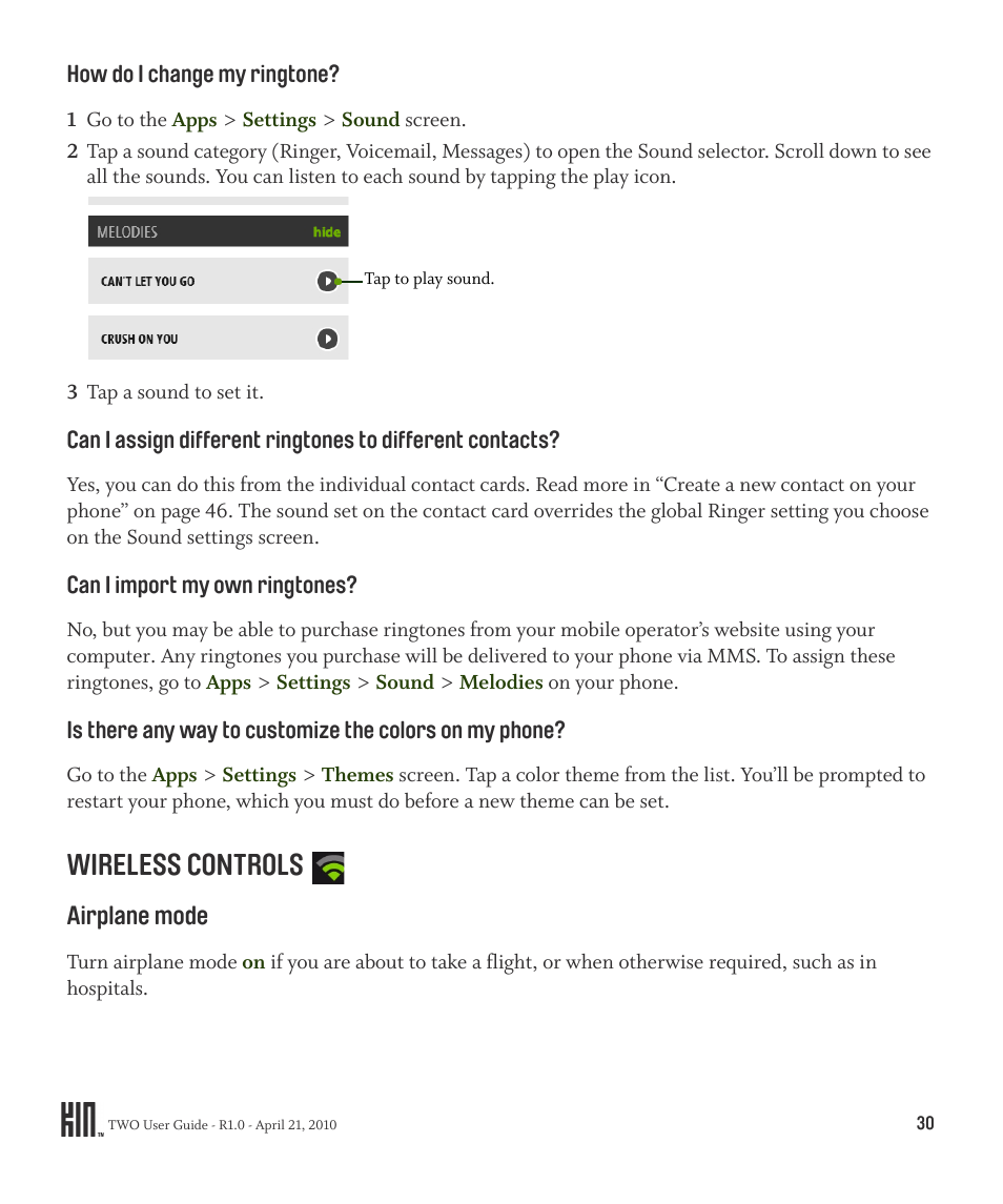 Wireless controls, Airplane mode | Sharp KIN Two OMPB20ZU User Manual | Page 30 / 156