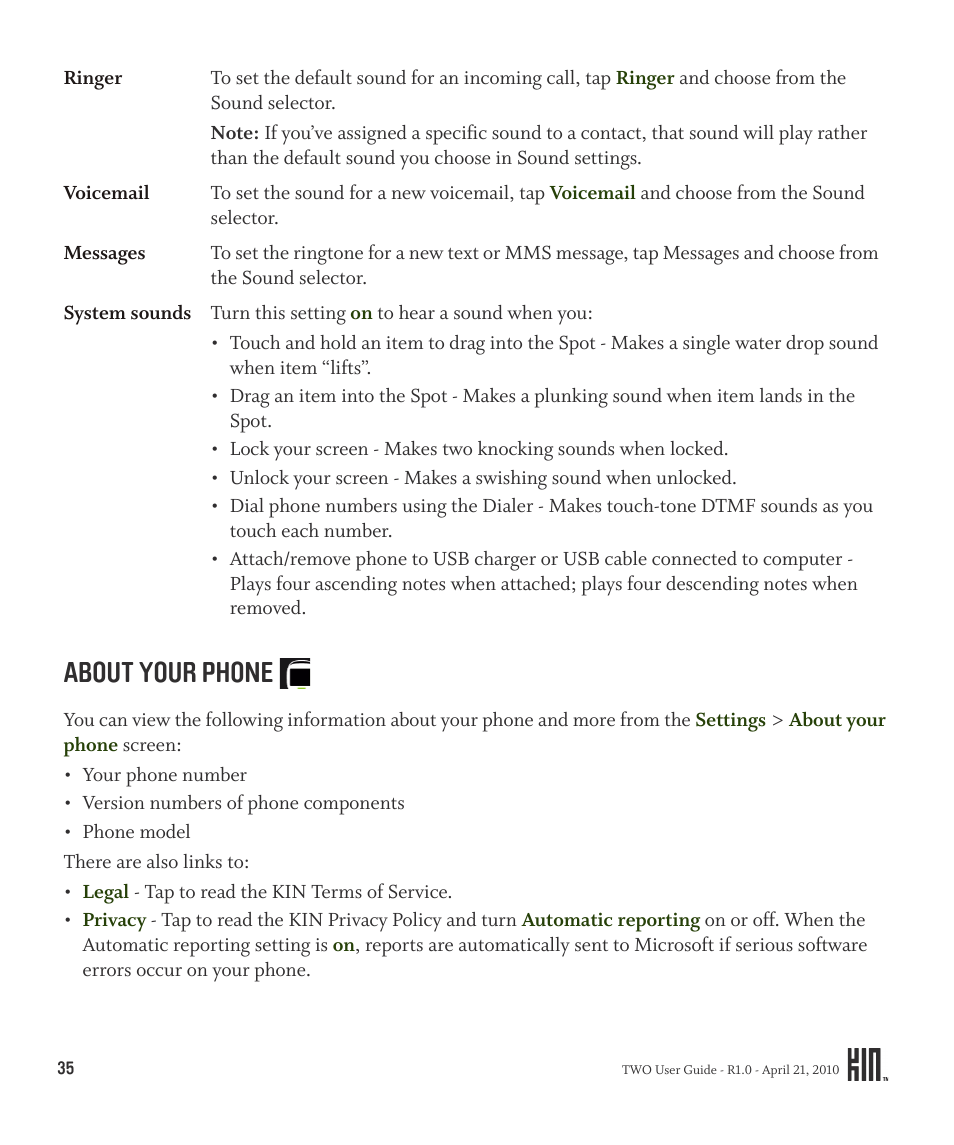 About your phone | Sharp KIN Two OMPB20ZU User Manual | Page 35 / 156