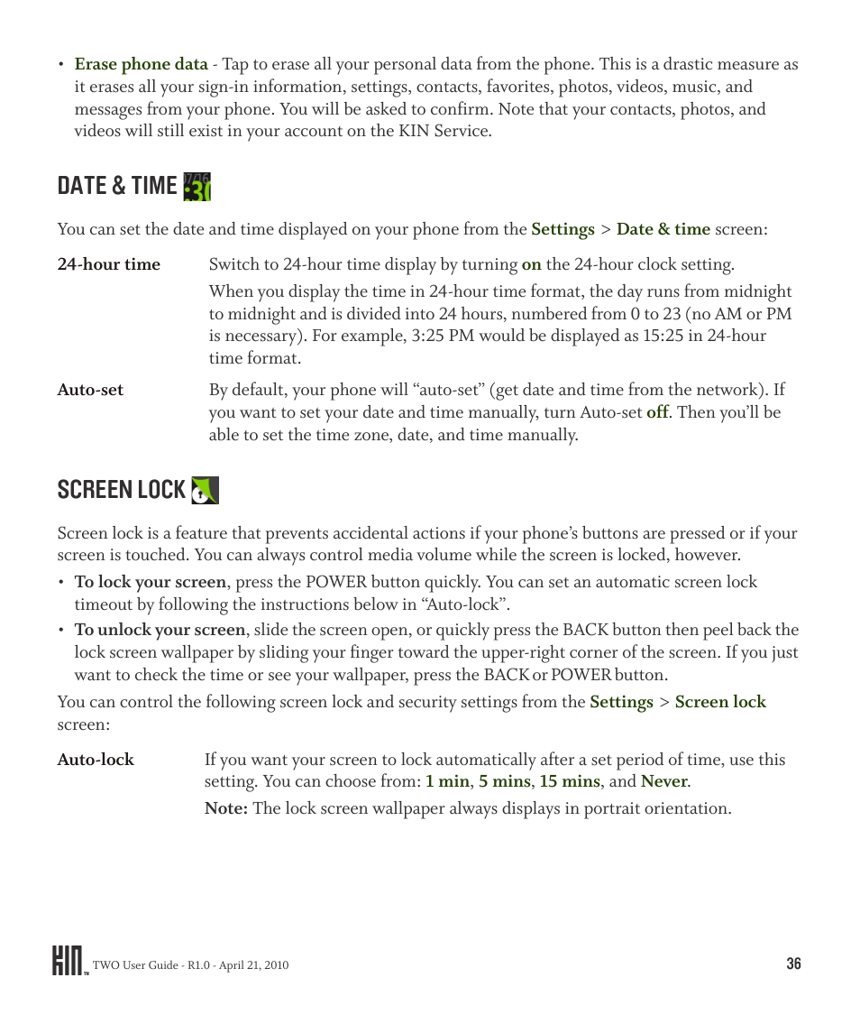 Date & time screen lock, Date & time, Screen lock | Sharp KIN Two OMPB20ZU User Manual | Page 36 / 156