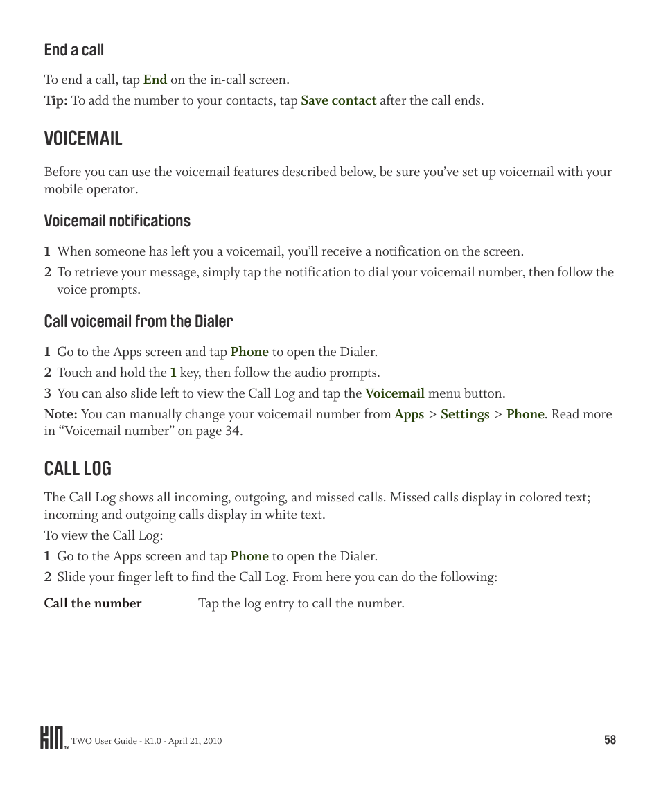 End a call, Voicemail, Call log | Sharp KIN Two OMPB20ZU User Manual | Page 58 / 156