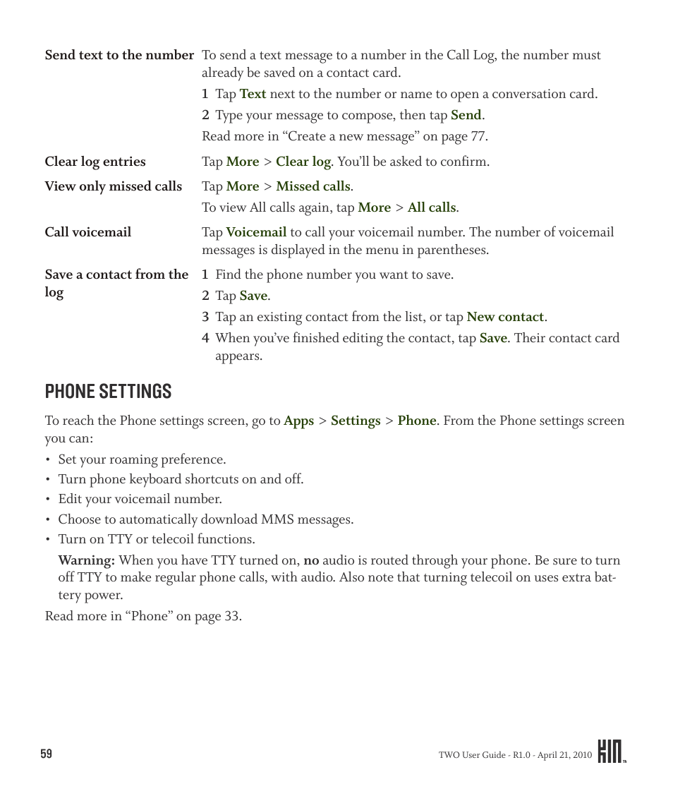 Phone settings | Sharp KIN Two OMPB20ZU User Manual | Page 59 / 156