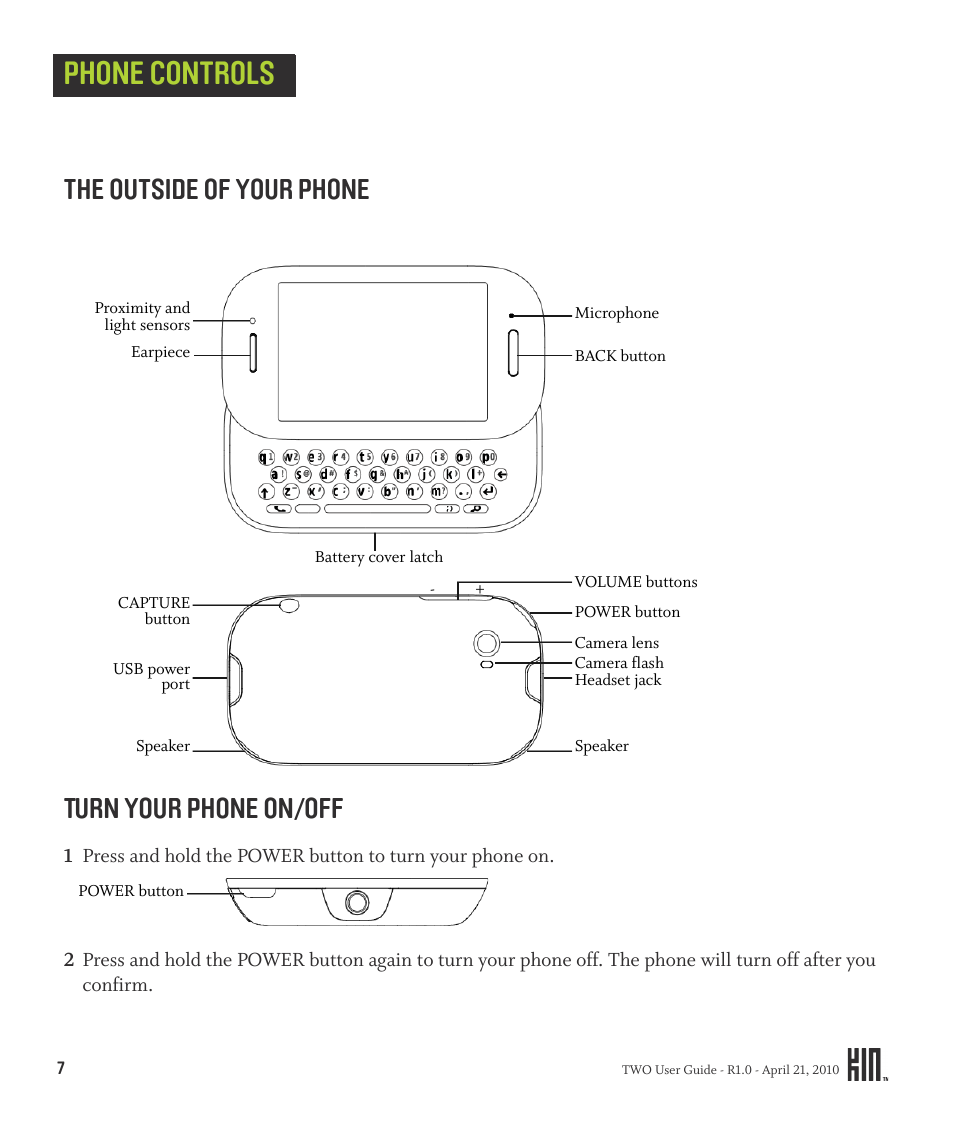 Phone controls, The outside of your phone turn your phone on/off, The outside of your phone | Turn your phone on/off | Sharp KIN Two OMPB20ZU User Manual | Page 7 / 156