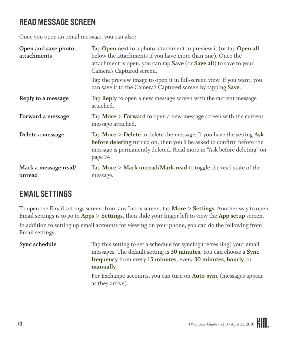Read message screen email settings, Ings in “email settings, Read message screen | Email settings | Sharp KIN Two OMPB20ZU User Manual | Page 73 / 156