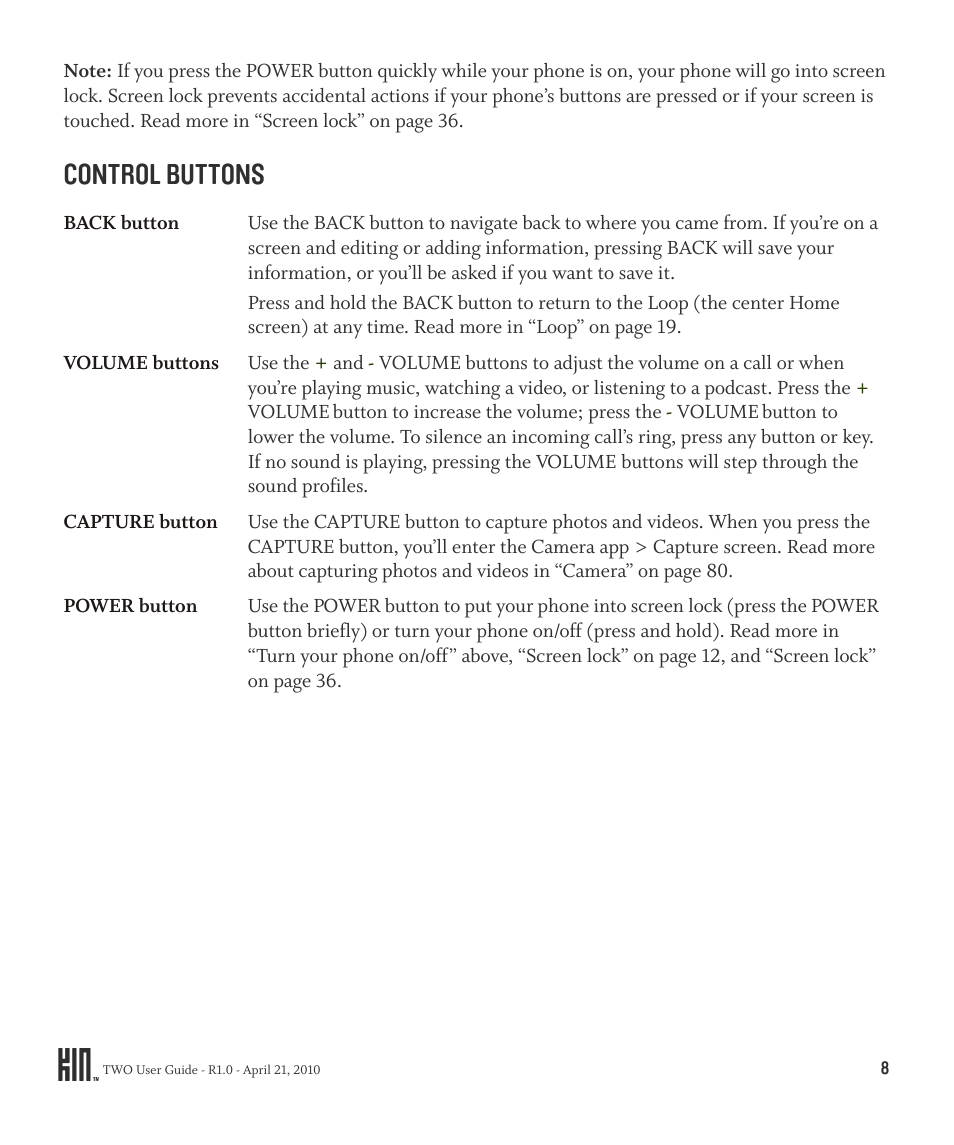 Control buttons | Sharp KIN Two OMPB20ZU User Manual | Page 8 / 156