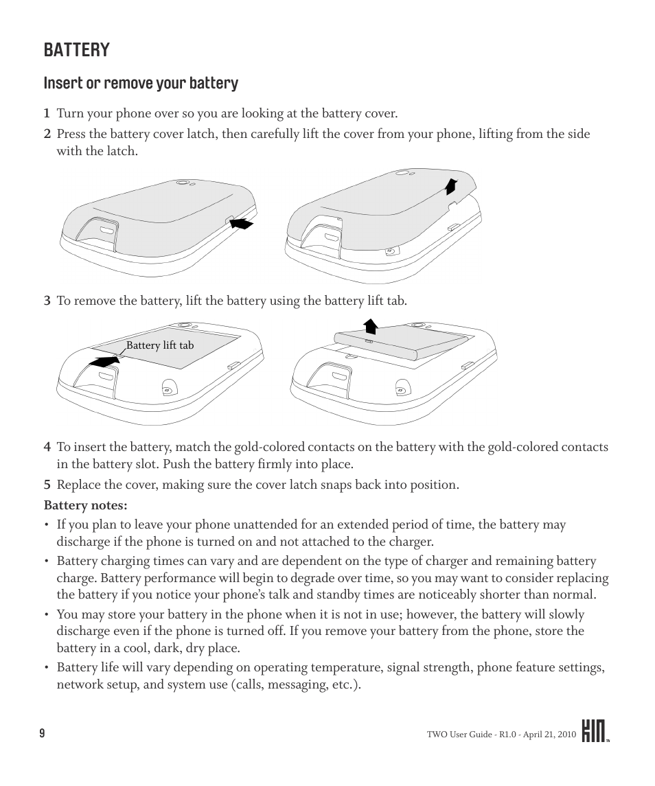 Battery, Insert or remove your battery | Sharp KIN Two OMPB20ZU User Manual | Page 9 / 156