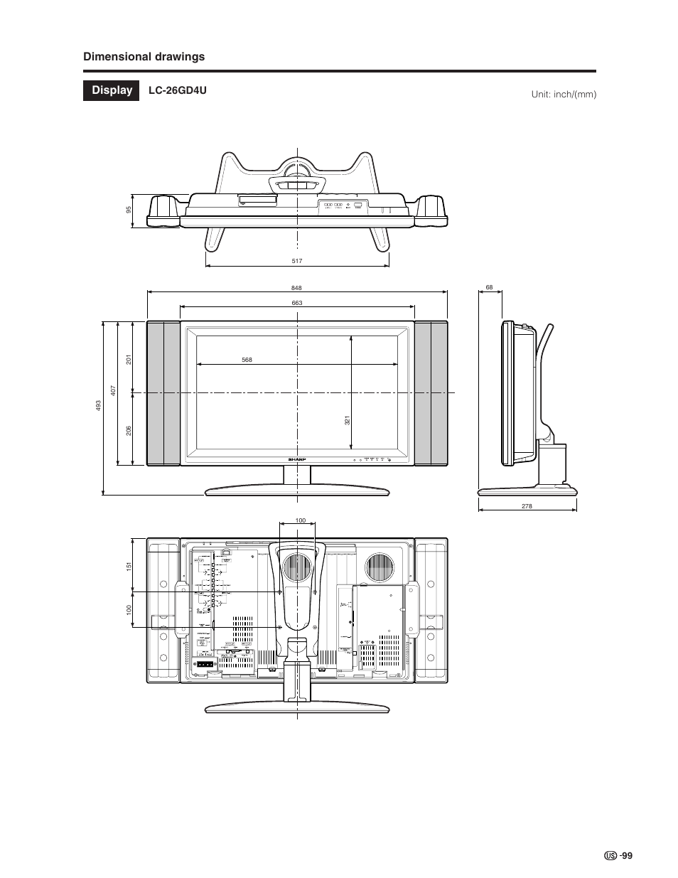 Dimensional drawings, Display, Lc-26gd4u | Sharp Aquos LC 26GD4U User Manual | Page 100 / 103