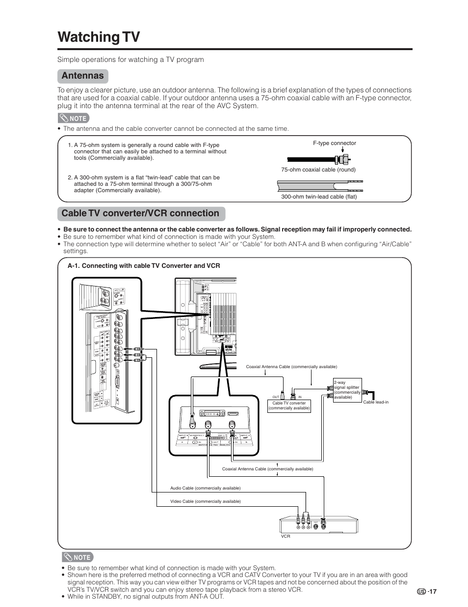 Watching tv, Antennas, Cable tv converter/vcr connection | Sharp Aquos LC 26GD4U User Manual | Page 18 / 103