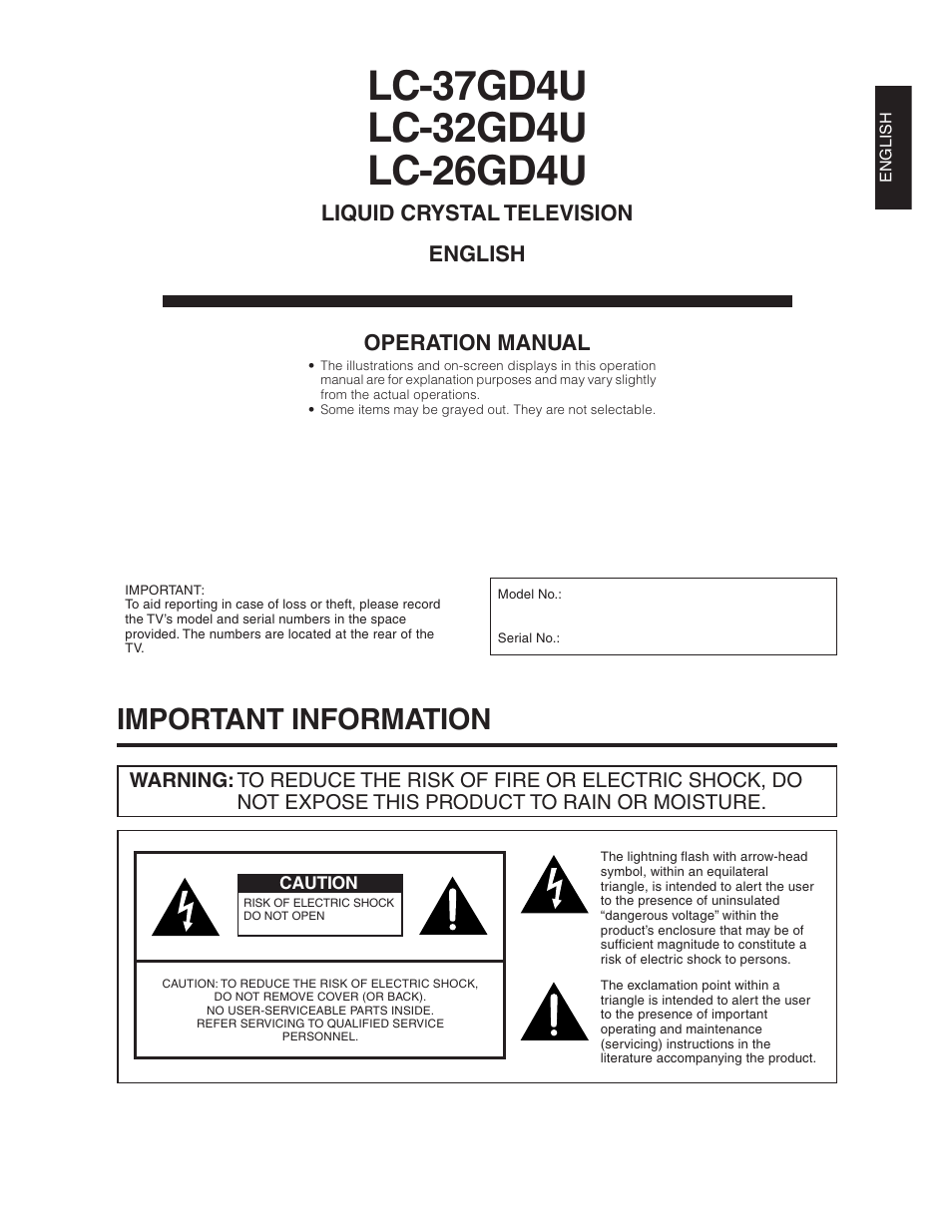 Important information, Liquid crystal television english operation manual | Sharp Aquos LC 26GD4U User Manual | Page 2 / 103