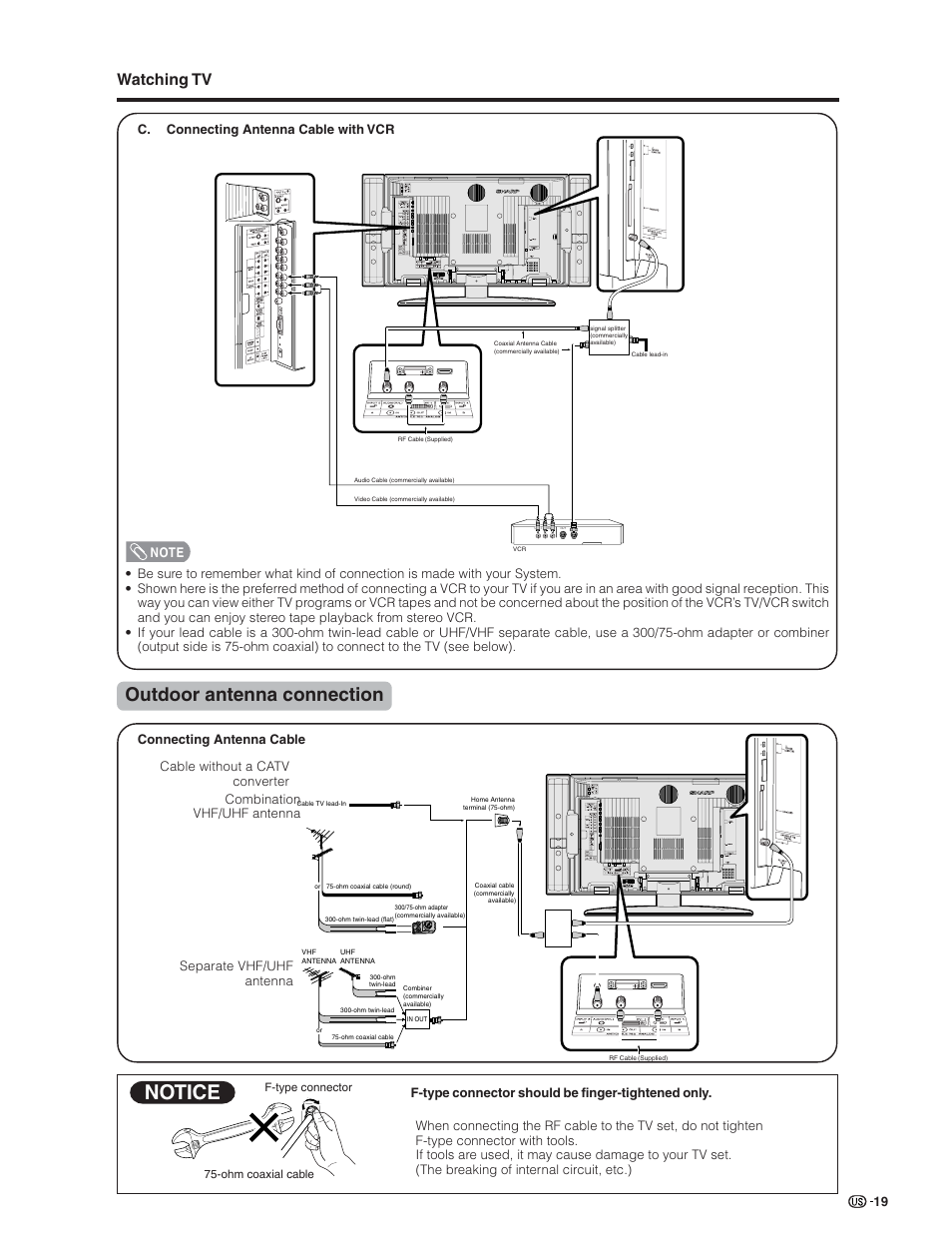 Notice, Outdoor antenna connection, Watching tv | Sharp Aquos LC 26GD4U User Manual | Page 20 / 103