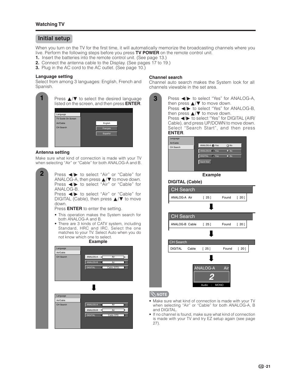 Initial setup, Watching tv, Ch search | Example, Digital (cable) | Sharp Aquos LC 26GD4U User Manual | Page 22 / 103