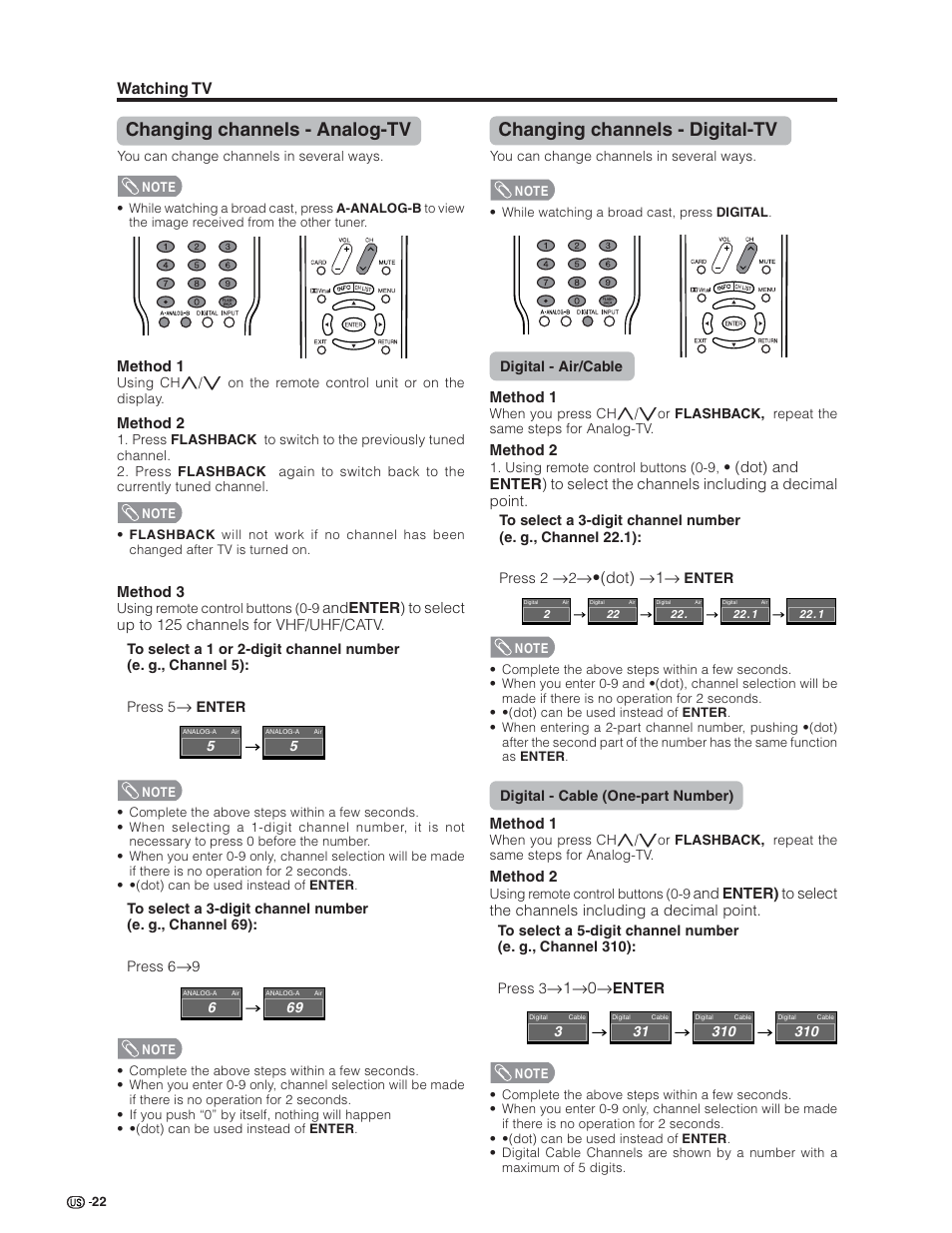 Changing channels - analog-tv, Changing channels - digital-tv, Watching tv | S•(dot) s1s, S1s0s | Sharp Aquos LC 26GD4U User Manual | Page 23 / 103