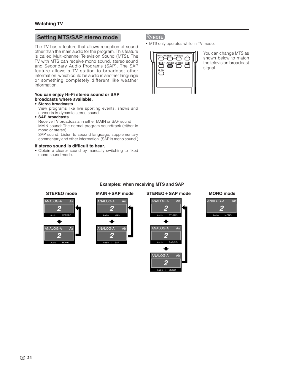 Setting mts/sap stereo mode, Watching tv | Sharp Aquos LC 26GD4U User Manual | Page 25 / 103