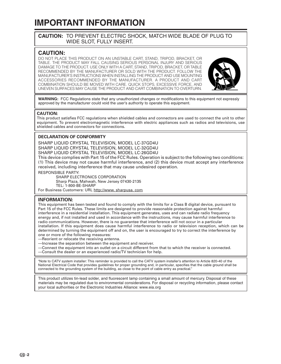 Important information, Caution | Sharp Aquos LC 26GD4U User Manual | Page 3 / 103