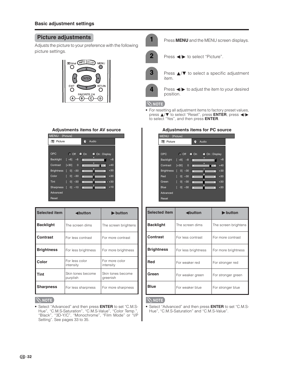 Picture adjustments, Basic adjustment settings | Sharp Aquos LC 26GD4U User Manual | Page 33 / 103