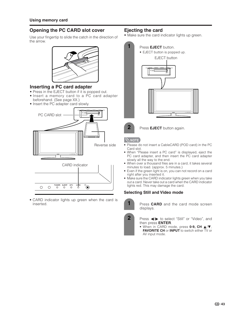 Inserting a pc card adapter, Ejecting the card, Opening the pc card slot cover | Sharp Aquos LC 26GD4U User Manual | Page 44 / 103