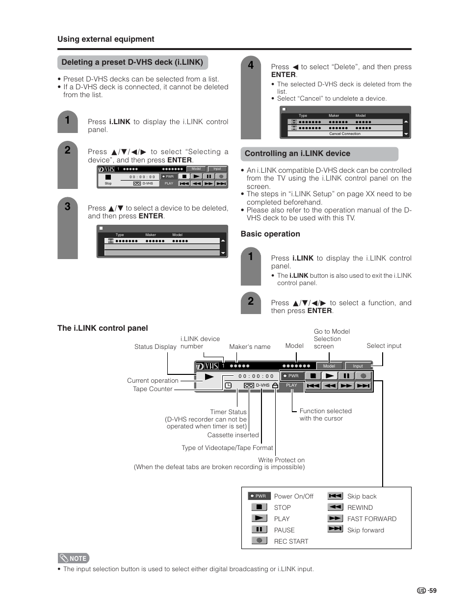 Controlling an i.link device, Basic operation, The i.link control panel | Sharp Aquos LC 26GD4U User Manual | Page 60 / 103