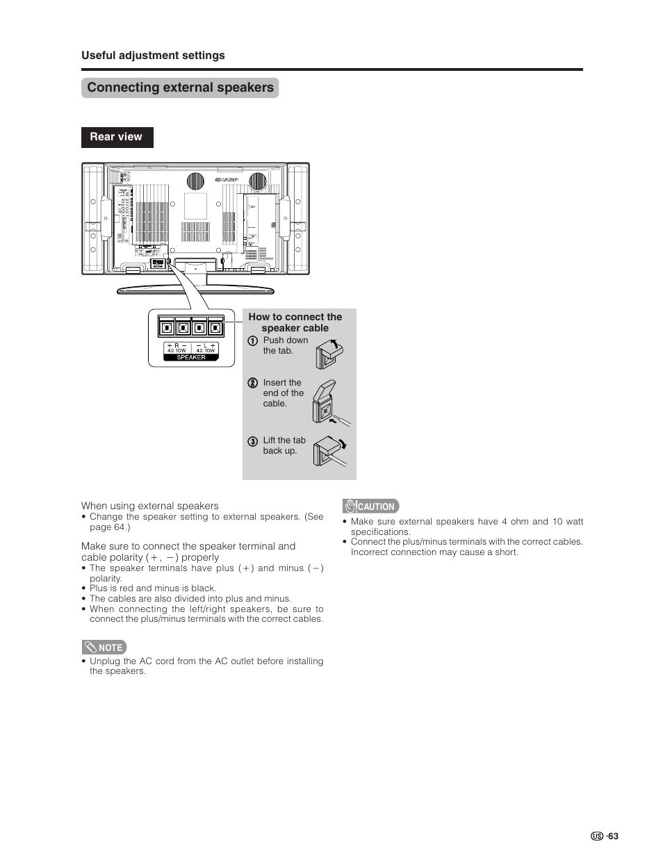 Connecting external speakers | Sharp Aquos LC 26GD4U User Manual | Page 64 / 103