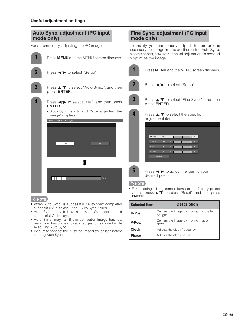 Auto sync. adjustment (pc input mode only), Fine sync. adjustment (pc input mode only), Useful adjustment settings | Sharp Aquos LC 26GD4U User Manual | Page 66 / 103